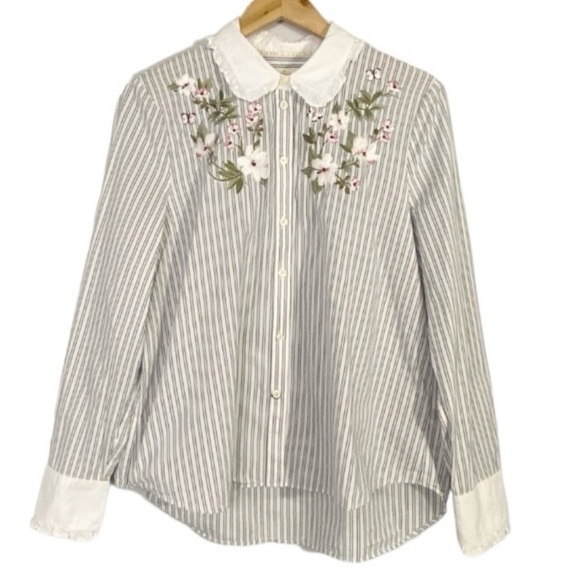 KATE SPADE Stripe Ruffle Floral Embroidered Button Down Shirt - Picture 5 of 12